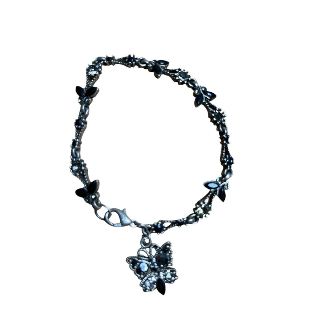 Vintage AAI Butterfly Charm Bracelet Silver Tone Faceted Black Stones 7"
